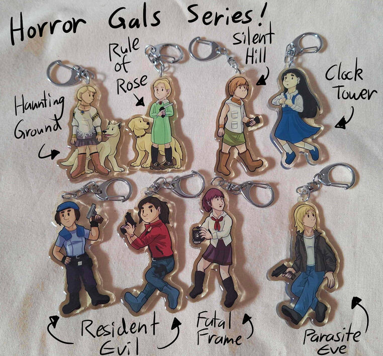 A series of keychains based on female protagonists of horror games!
